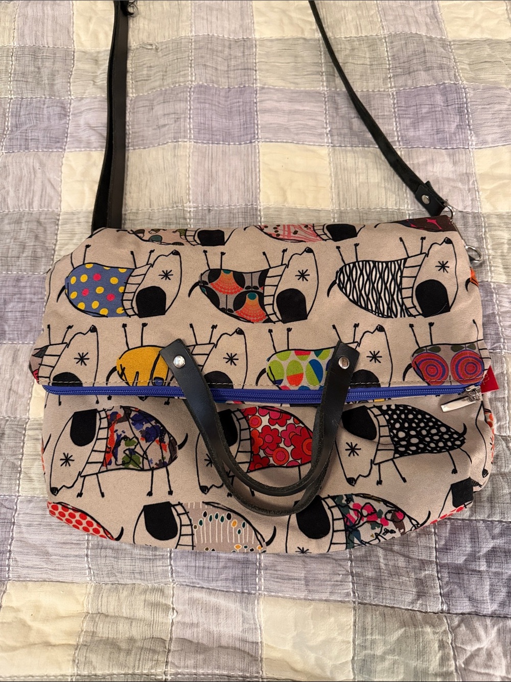 Beige Multicolor Sheep Print Crossbody Tote with Black Trim